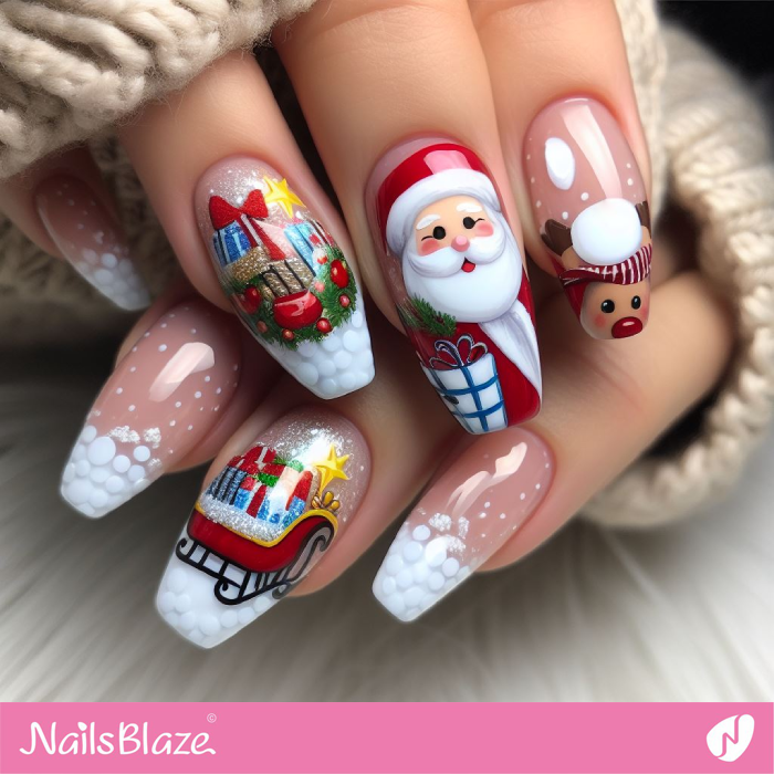 Glossy French Santa Claus Nails and Gifts | Christmas | Winter - NB1328